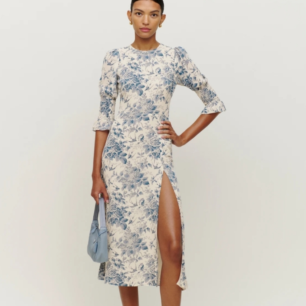 Floral Chiffon Puff Sleeve Split Thigh Midi Dress